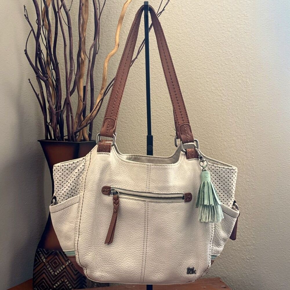 The Sak White Leather Tote Bag Brown Straps Mint Tassel Perforated Boho Purse